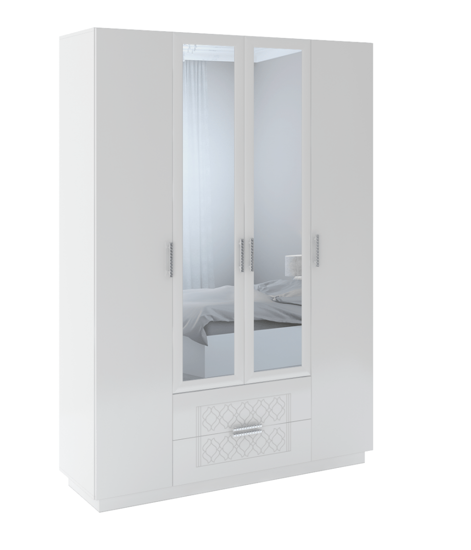 Тиффани №28 шкаф с ящиками (4 двери) 1600 с зеркалом (РР) (белый текстурный)
