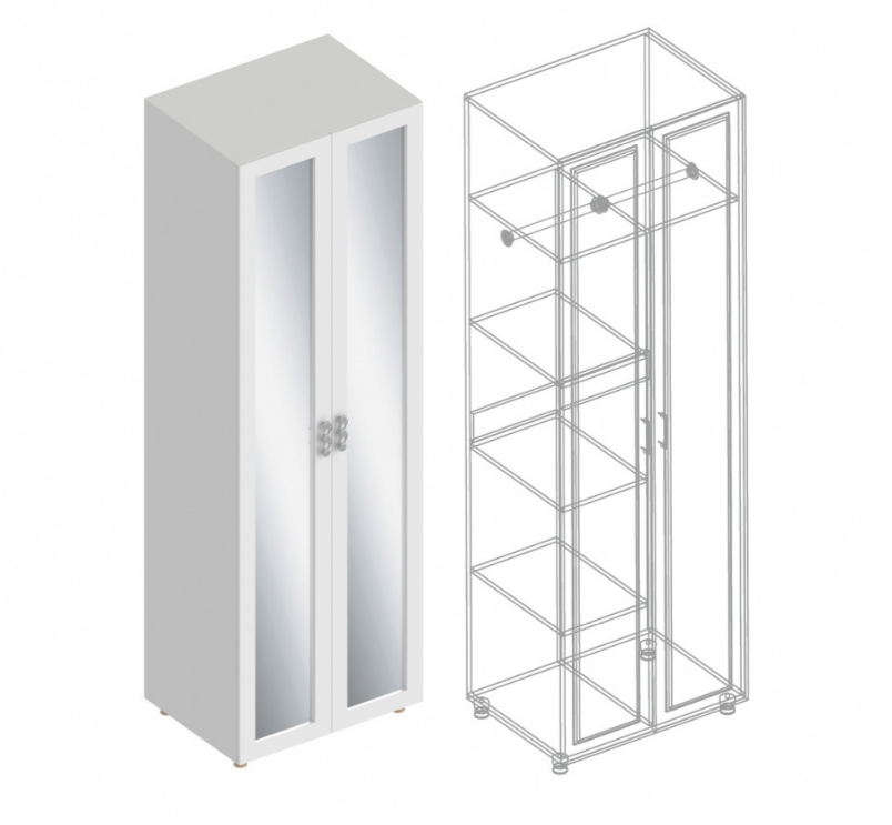 Сандра МДФ шкаф 2-ств с 2-мя отделениями с зеркалом (штанга в комплекте) 700 (Велес) (белый лофт)